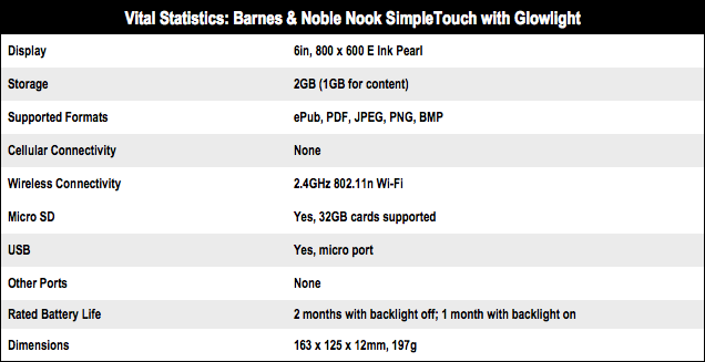 Barnes & Noble Nook SimpleTouch tech specs