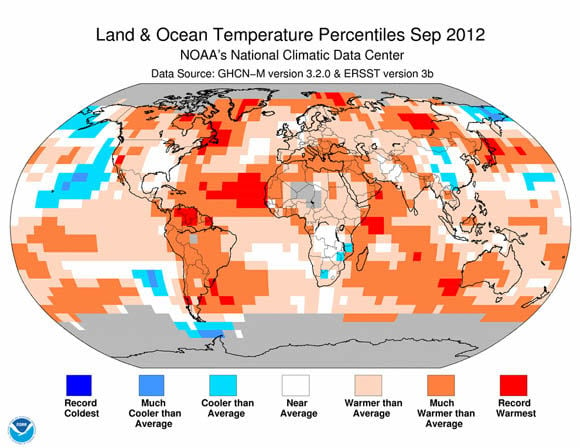 Land and Ocean Temperature Percentiles in September 2012