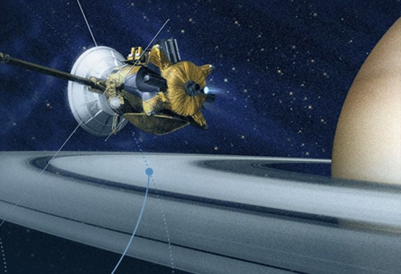 Artist&#39;s impression of Cassini spacecraft orbiting Saturn