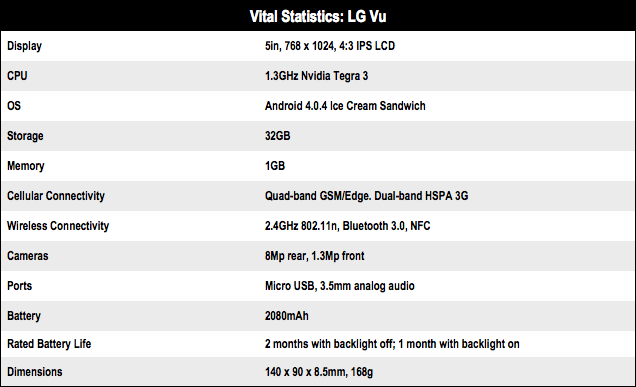 LG Vu tech specs