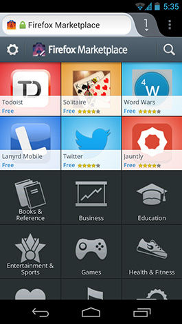 Screenshot of Firefox Marketplace running on a Samsung Galaxy Nexus