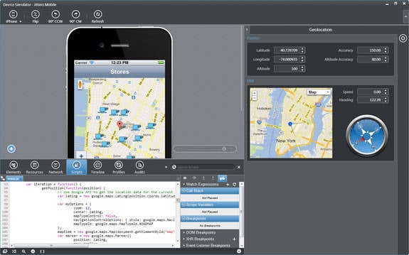 Screenshot of the Icenium Graphite environment with debugger and simulator