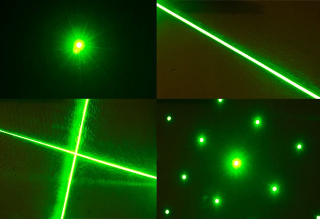 Four patterns available from the laser: single point, line, cross and dots