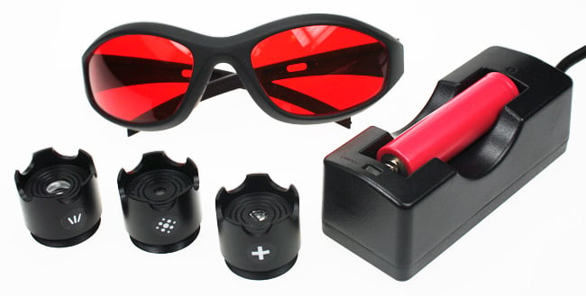 The safety glasses, battery and charger and extra lenses