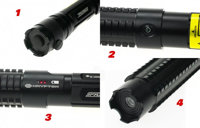 Four photos showing the laser controls and aperture