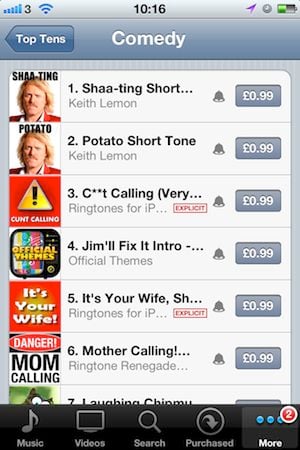 The iTunes Ringtone store, comedy top ten, screengrab