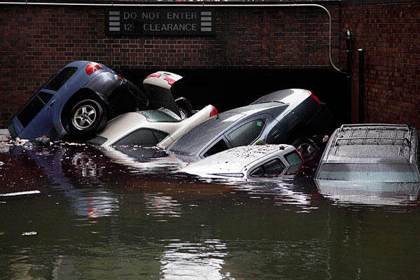 Cars at the entrance to a parking garage in New York's financial district