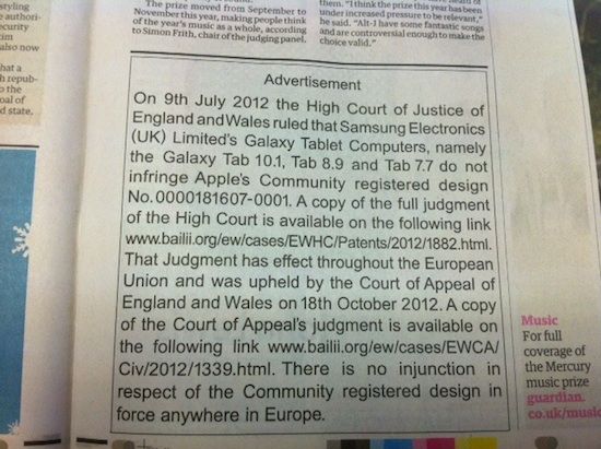 Apple&#39;s statement in the Guardian regarding Samsung case, credit The Register