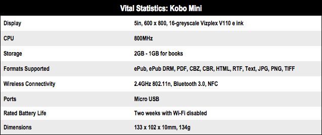 Kobo Mini tech specs