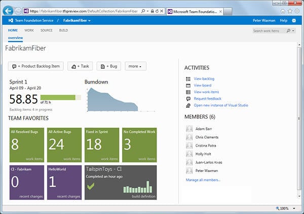 Screenshot of Microsoft Team Foundation Service project homepage