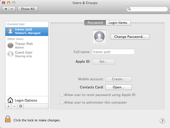 A working networked account in the Mac OS X account control panel