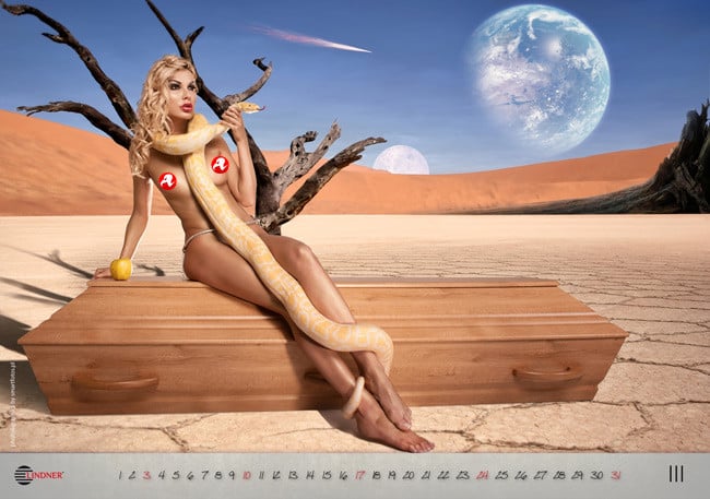 The March page from the calendar, featuring a naked woman on a coffin wrapped in a snake