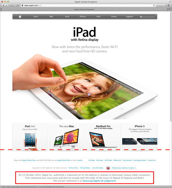 Apple's UK home page with dotted line showing the viewing limits of a 1680-by-1050 pixel display