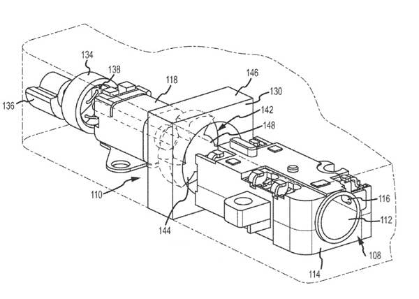 Illustration for an Apple patent application describing a combination cooling fan and offset-weight alert device, both run by the same motor: assembled view