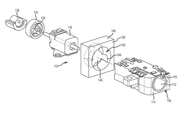 Illustration for an Apple patent application describing a combination cooling fan and offset-weight alert device, both run by the same motor: exploded view