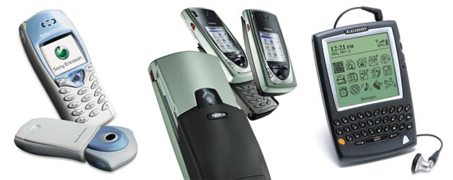 Sony Ericsson T68i (2002), Nokia 7650 (2002) and BlackBerry 5810 (2002)