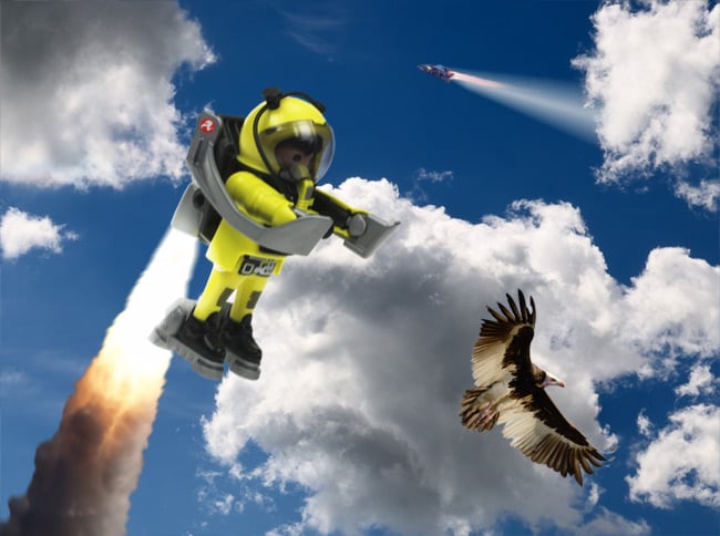 Our playmonaut tries out a jetpack, watched by a circling vulture