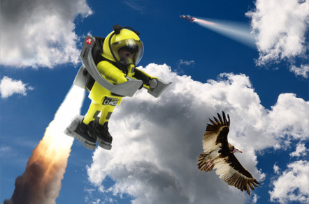 Our playmonaut tries out a jetpack, watched by a circling vulture