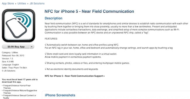 Screen grab of scam app NFC for iPhone 5 from Apple's iTunes