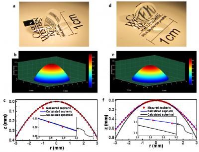 This shows fabricated lens images (a and d) and measured geometry surface profiles (b/c and e/f) of the aspheric anterior and posterior bio-inspired human eye GRIN lenses, credit Optic Express