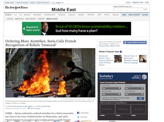 Screengrab of a New York Times article about Syria, that appears to illustrate the story with a stil from a Game