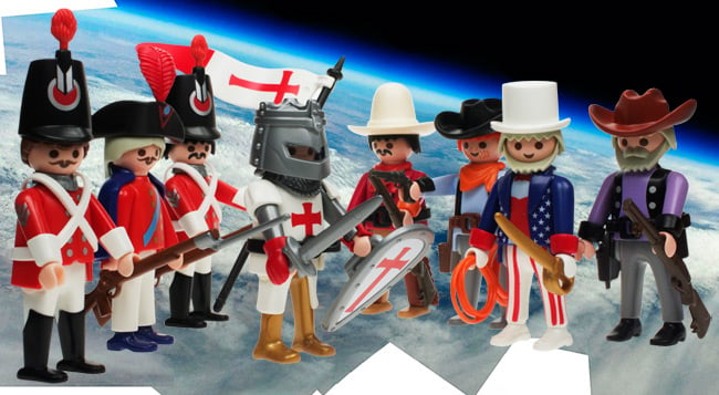 Playmobil confrontation between knight of St George and redcoats, and Uncle Sam and cowboys