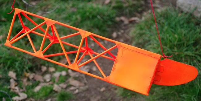 The finished flying truss model, with tail and fluorescent paint job