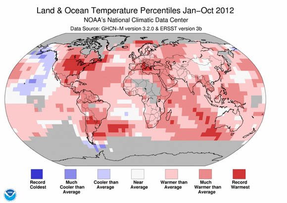 NOAA land and ocean temperature percentiles, January through October 2012