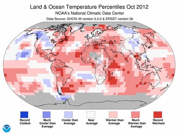 NOAA land &amp; ocean temperature percentiles, October 2012