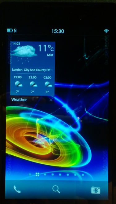 A screenshot of the BB10 running a weather application