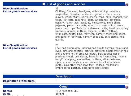 Harley Davidson's lightning trademark, screengrab European trademarks office