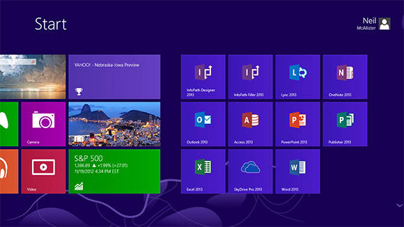 Screenshot of the Windows 8 Start Screen showing Office 2013 icons
