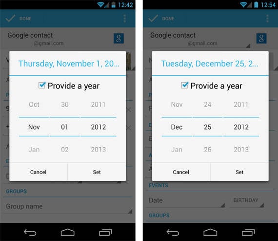 Comparison showing the old and new Android 4.2 People app date pickers