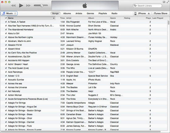iTunes 11: music listing