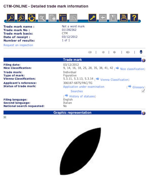 Apple leaf trademark application, screengrab EU trademark registry