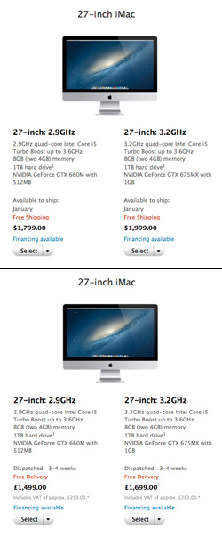 27-inch iMac listings on Apple's US and UK online stores