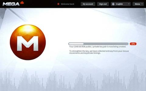 The encryption key generation screen from Kim Dotcom's preview of his new cloud storage service