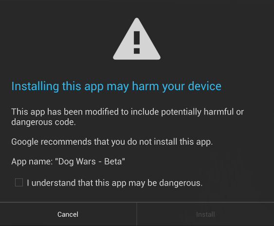 Dialog box displayed by Android 4.2 when it spots potential malware