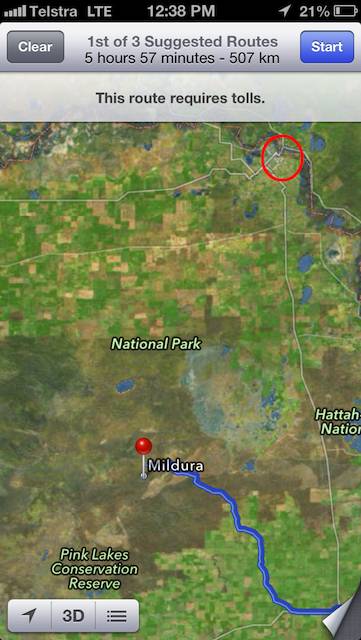 iOS6 Maps say Mildura is here but it is really 70kms away in the red circle