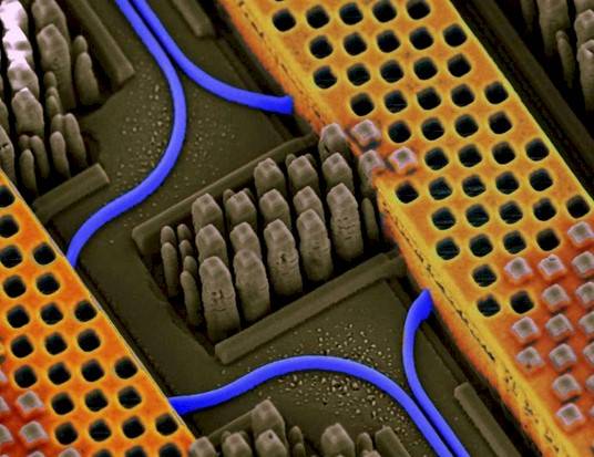 Optical waveguides, in blue of course, on IBM's silicon nanophotonics chip