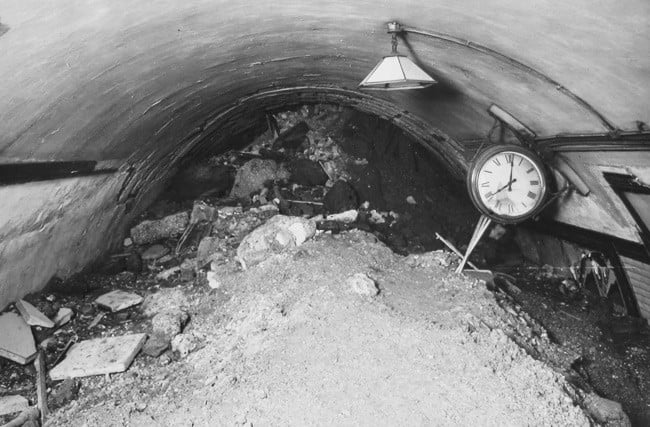The tunnel at Balham tube station, filled with rubble
