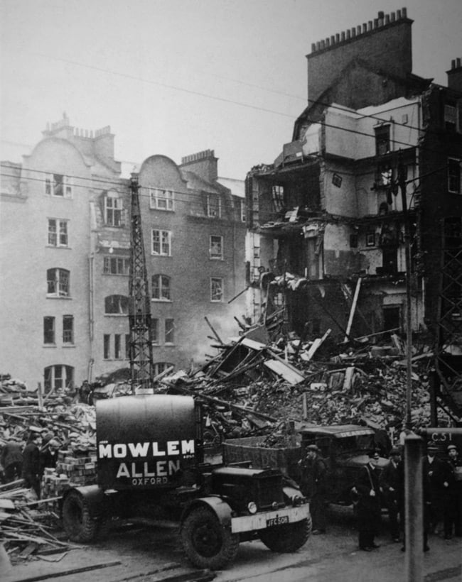 The block of flats at Coronation Avenue, seen after the bombing