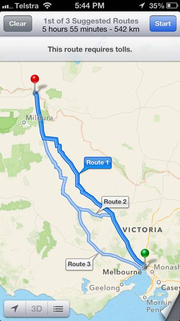 Maps in iOS6 now directs travellers to the correct Mildura