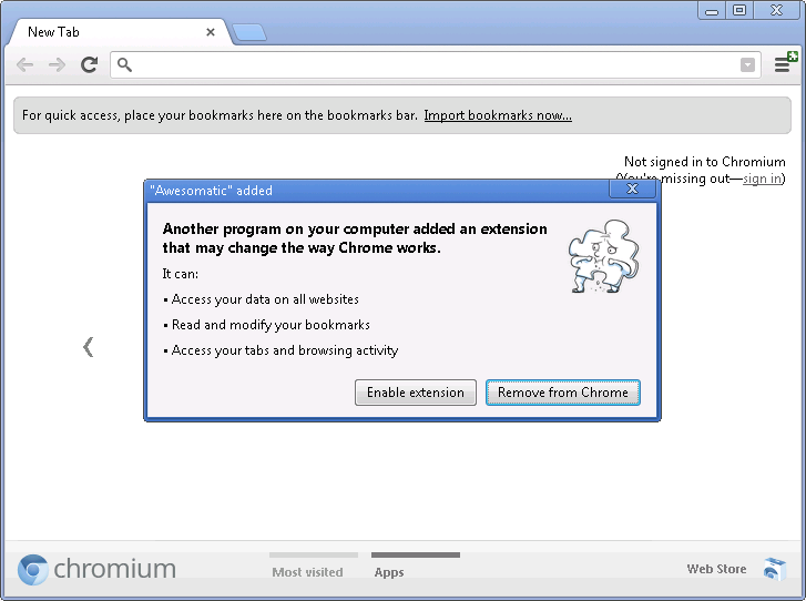 A new dialogue box in Chrome 25 will ask users if they want to install extensions
