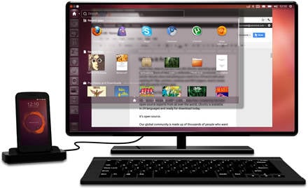 Photo of a hypothetical Ubuntu phone, docked for use as a desktop