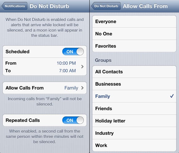 Apple iOS 6 'Do Not Disturb' feature screenshot