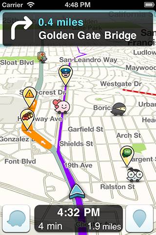 A screenshot of Waze mapping app, credit Waze