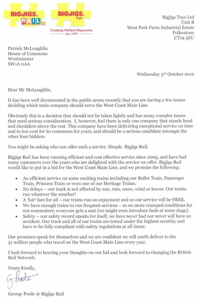 The Bigjigs letter to the Department for Transport