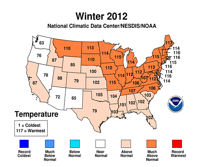 Map of the USA depicting temperatures for winter 2011/12