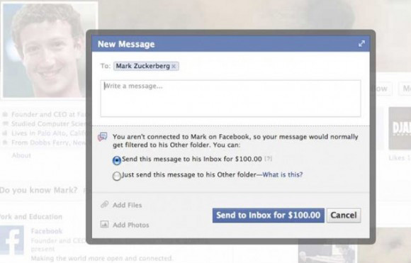 Screenshot showing dialog box requesting a $100 fee to message Mark Zuckerberg